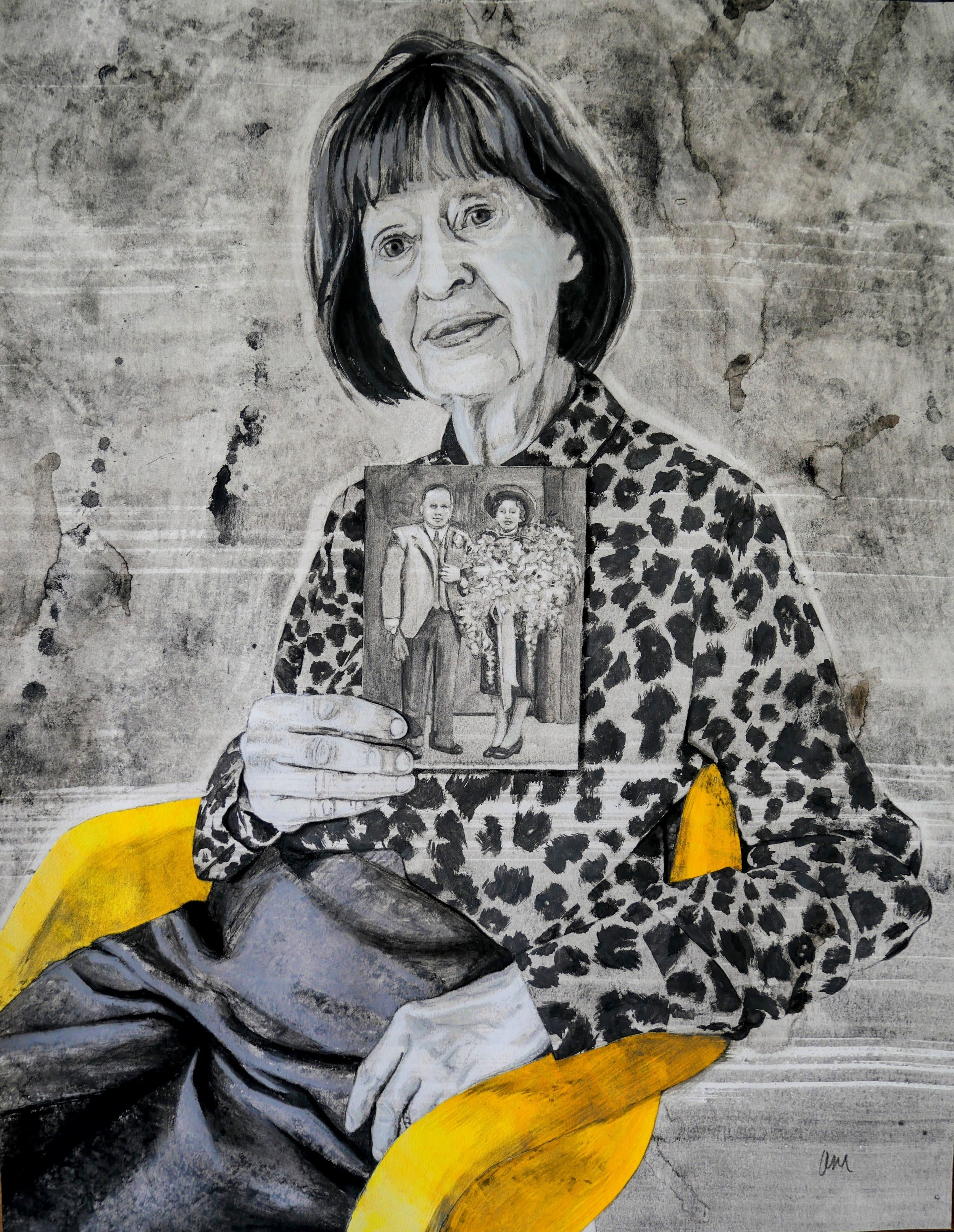 “Maybe this is why we were saved. We should never be silent.” by Olympia McEwan 2025 / Charcoal, Liquid charcoal, pastels & collaged papers / 40cm x 60cm.