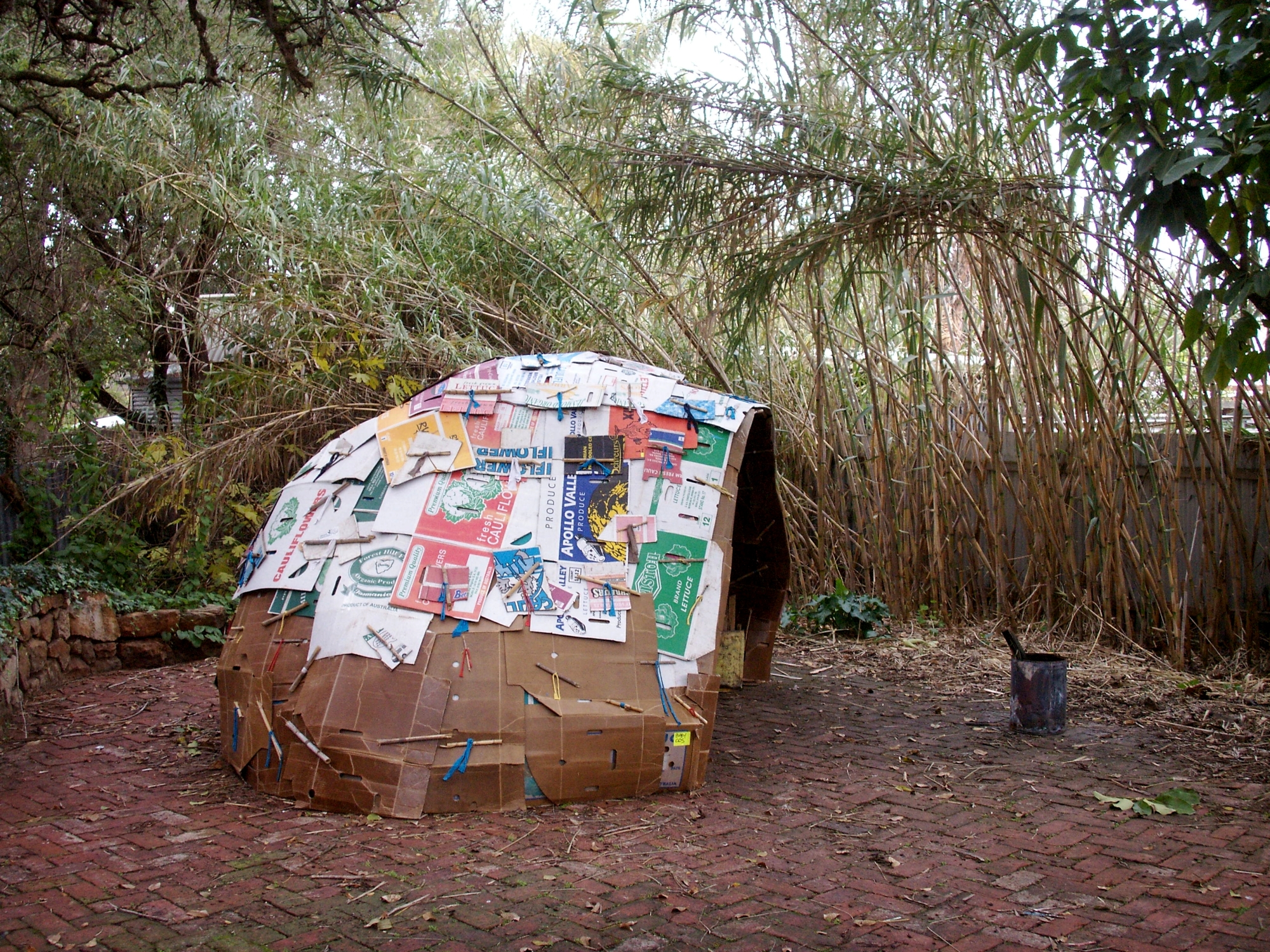  Shelter #2,   Parkside Nomadic Group  , 2007 Project Space courtyard CACSA, Wax cardboard, textile, found materials. 