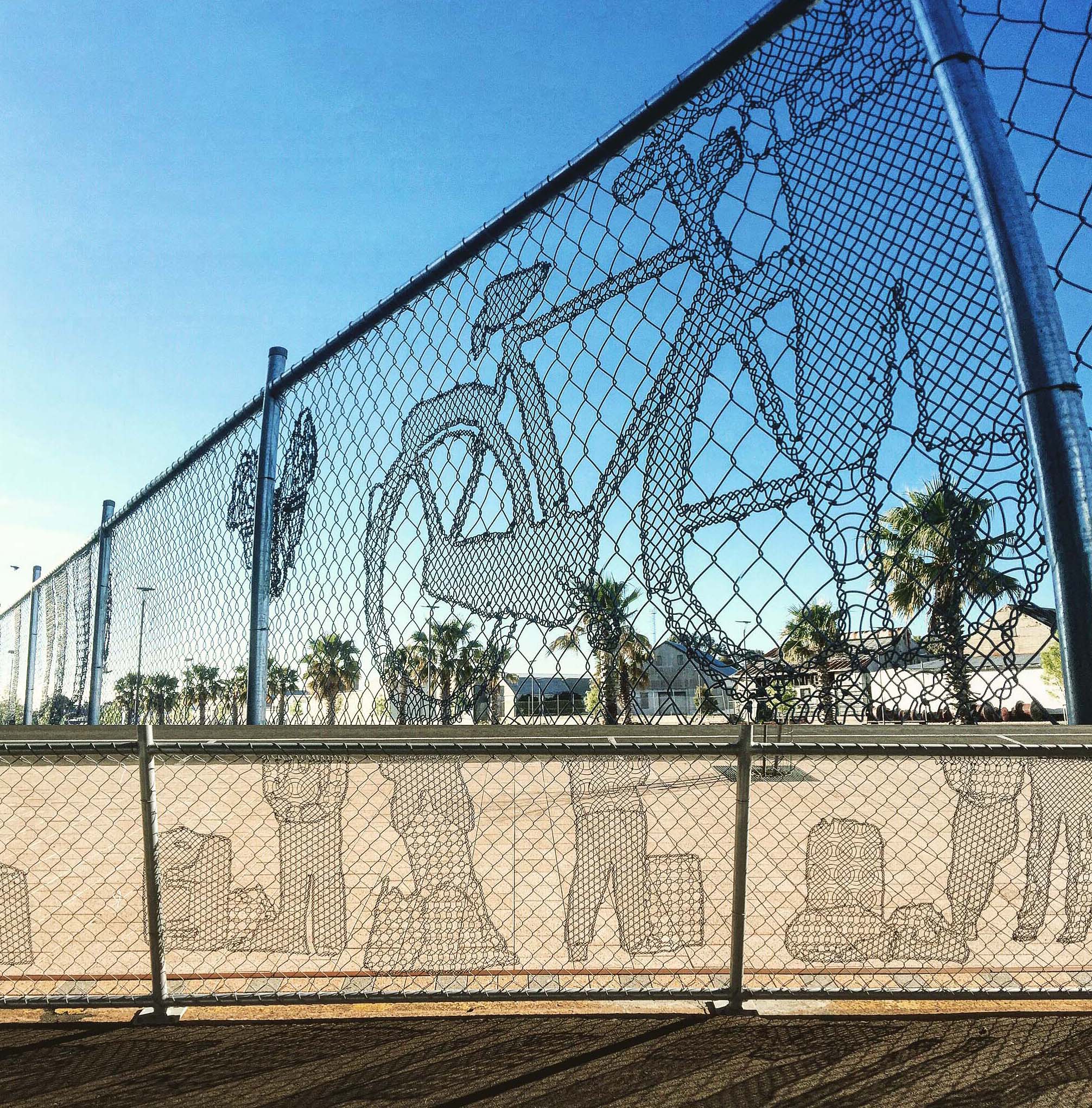   Lace Fence  2015  Permanent public artwork commissioned by Mt Gambier Council.  This artistic design portrays both the modern and historical train platform. Figures can be seen walking, waiting and cleaning the station platform. Other objects are d