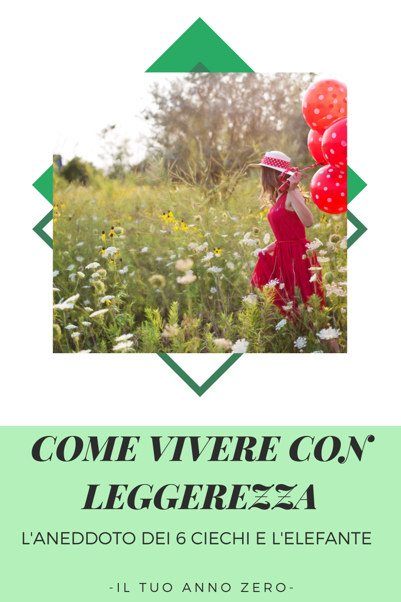      

 
    COME VIVERE CON PIU' LEGGEREZZA.     L'ANEDDOTO DEI 6 CIECHI E L'ELEFANTE.        “Prendete la vita con leggerezza. che leggerezza non è superficialità, ma planare sulle cose dall’alto, non avere macigni sul cuore…”   . Italo Calvino 
 
