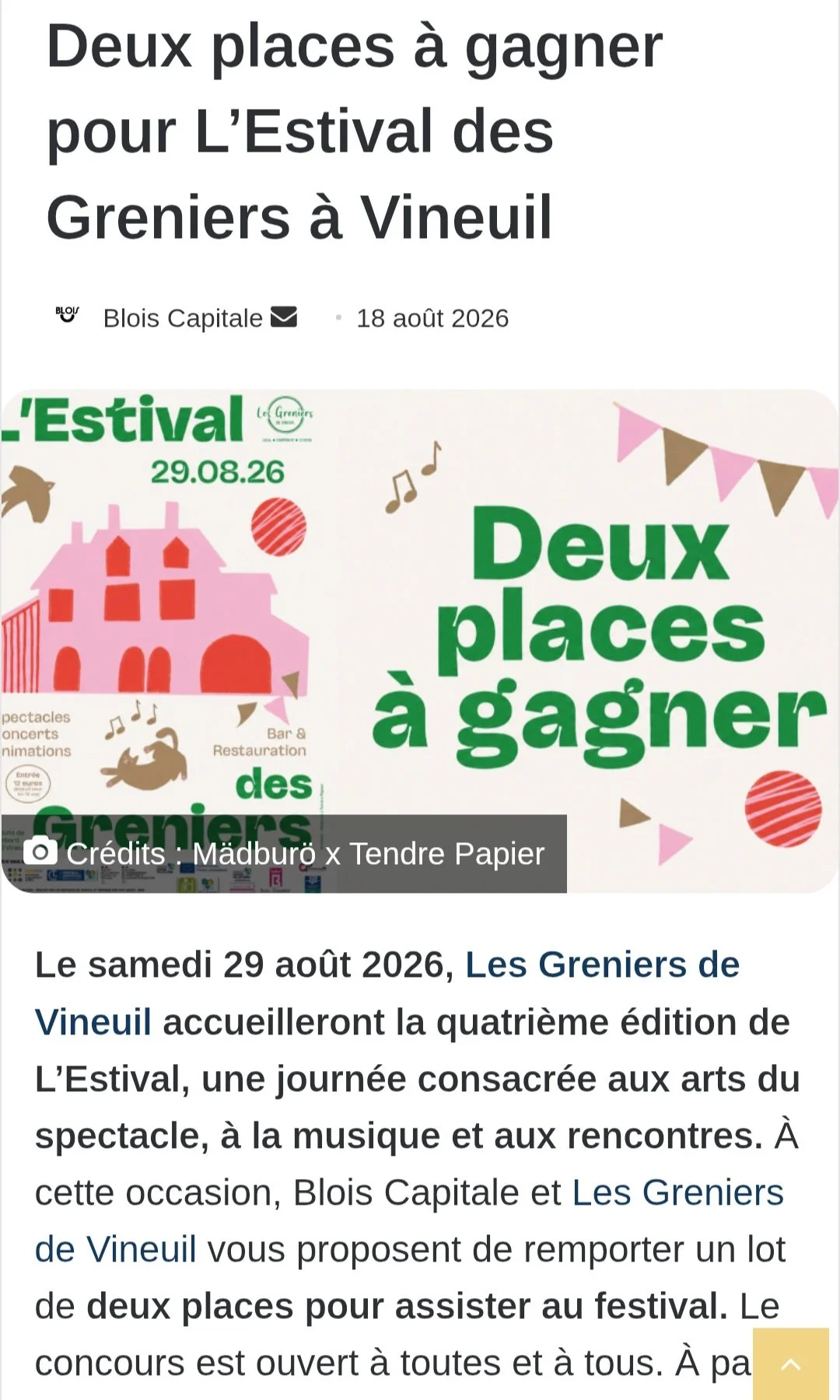 Article sur L'Estival 2026 par Blois Capitale - Août 2026