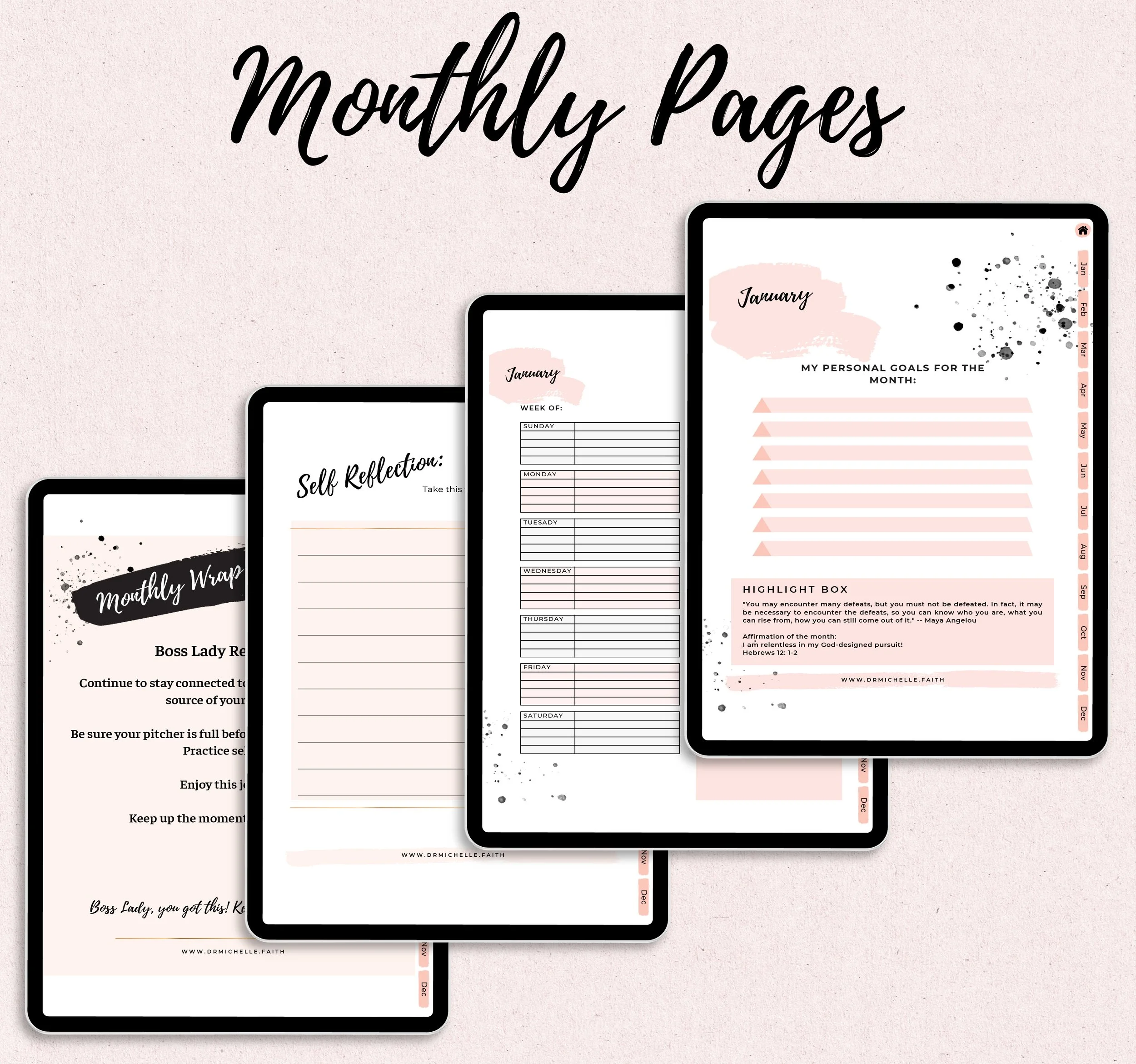 Digital tablets displaying monthly planner pages with sections for reflections, weekly schedules, goals, and inspirational quotes, set against a light pink textured background.