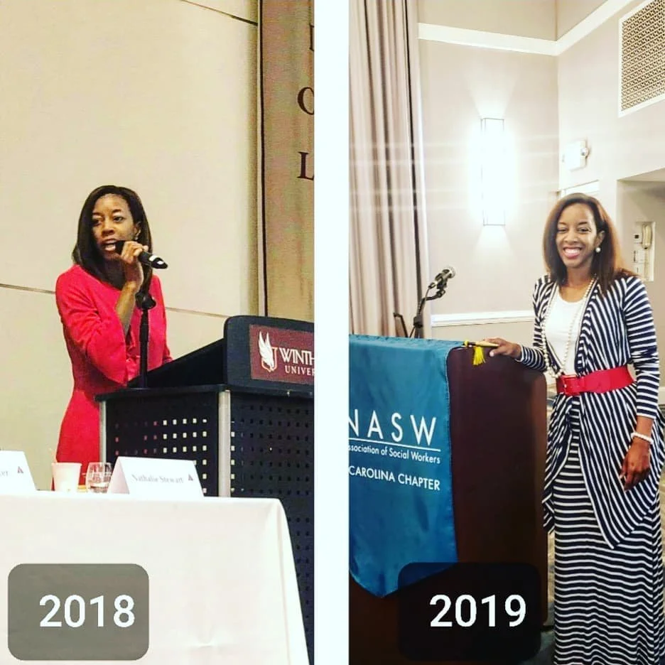 Side-by-side photo showing two women at conferences, one in 2018 and one in 2019. In 2018, a woman in a red dress speaking at a podium. In 2019, a woman in a striped suit standing near a table with a NACSW banner, smiling.