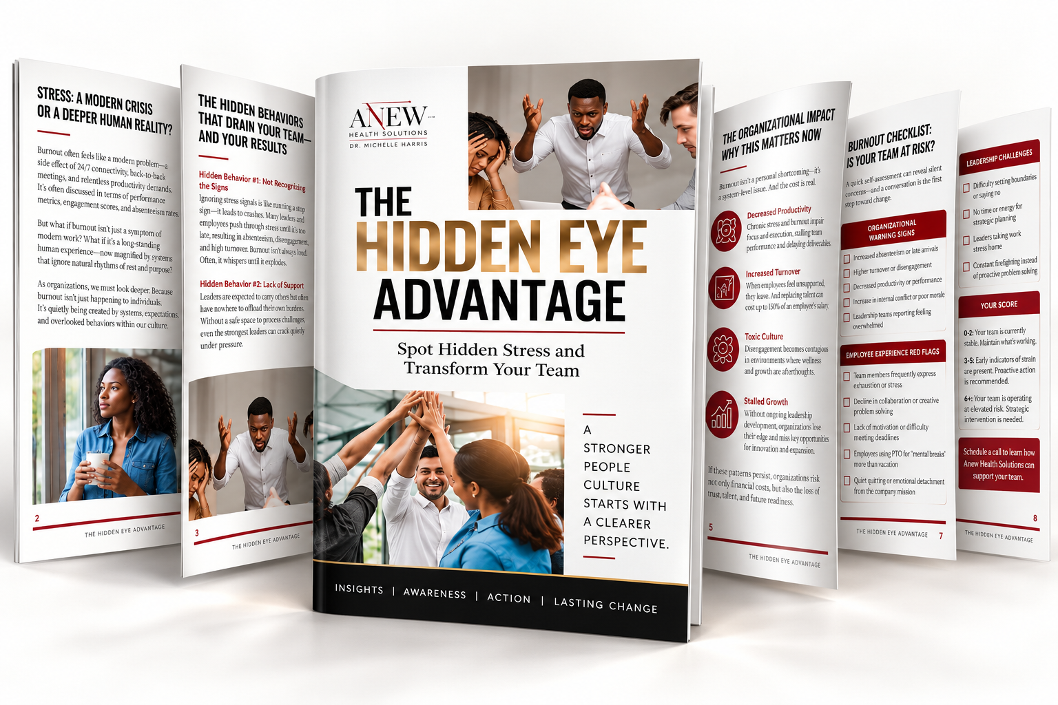 Brochure titled "The Hidden Eye Advantage" with a subtitle "Spot Hidden Stress and Transform Your Team." Cover shows diverse team members giving high fives. Inside pages contain text, icons, and checklists related to organizational stress, burnout, and leadership challenges.