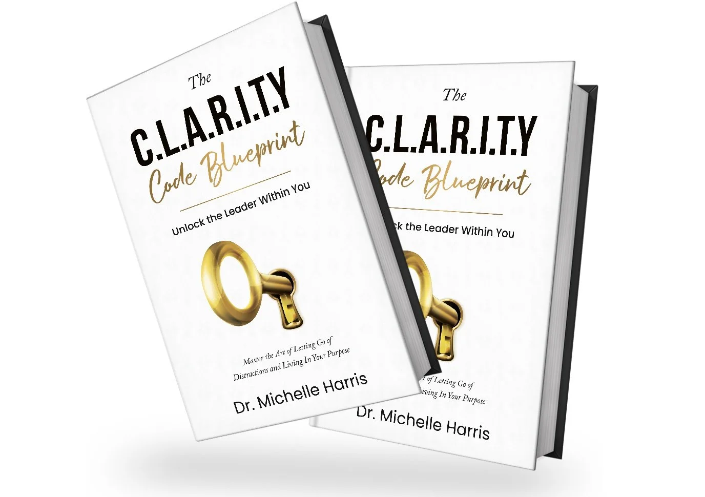Two copies of a book titled "The C.L.A.R.I.T.Y Code Blueprint" by Dr. Michelle Harris, featuring a gold key on the cover.