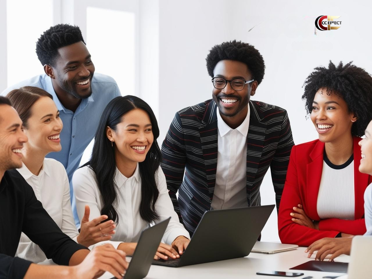A diverse group of six young professionals smiling and engaging in a meeting in a bright office, with laptops and tablets on the table.