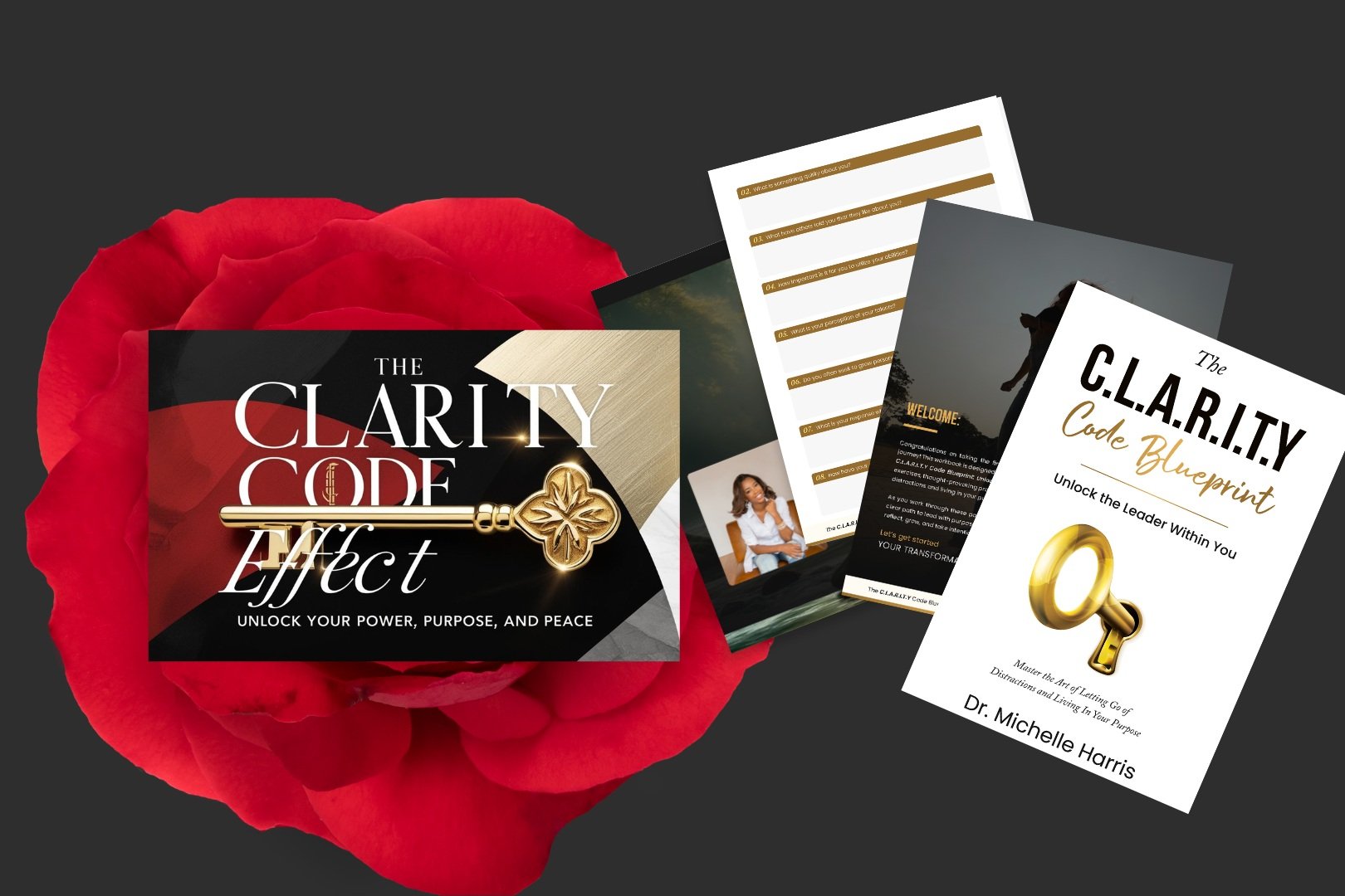 Collection of books and pamphlets about the Clarity Code Effect, placed on a red rose with a dark background.