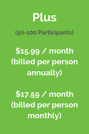 Plus (50-100 participants) $15.99 / month billed per person annually, $17.59 / month billed per person monthly