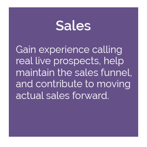 Sales: gain experience calling real live prospects, help maintain the sales funnel, and contribute to moving actual sales forward.