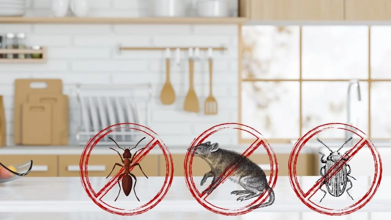 Image of an organized kitchen in the background with the picture of an ant, rat, and beetle with a red prohibited sign over those pests.