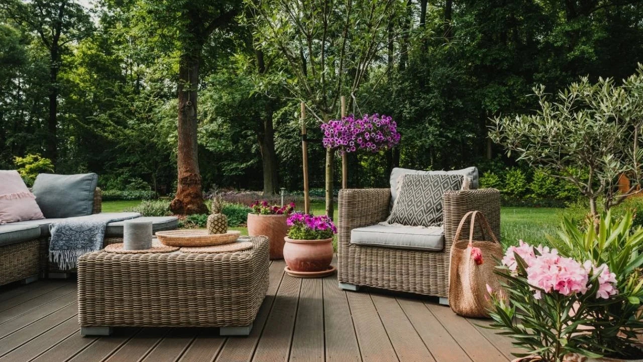 Backyard wicker furniture with gray cushions and potted and hanging flowers with a wooded backyard in the background