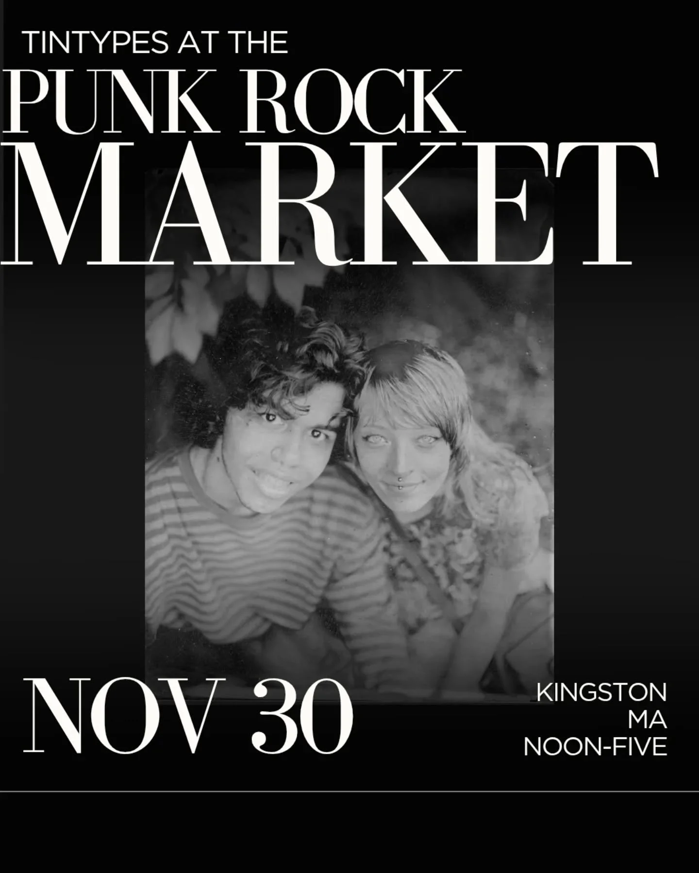 Just a couple weeks til the @plymouth_punk_rock_market 🤘🤘 I'll be back taking your tintypes from 12-5 Sunday, November 30 at the Kingston Collection! 
Slots got scooped FAST for the last market; to guarantee your session, be sure to reserve your ti