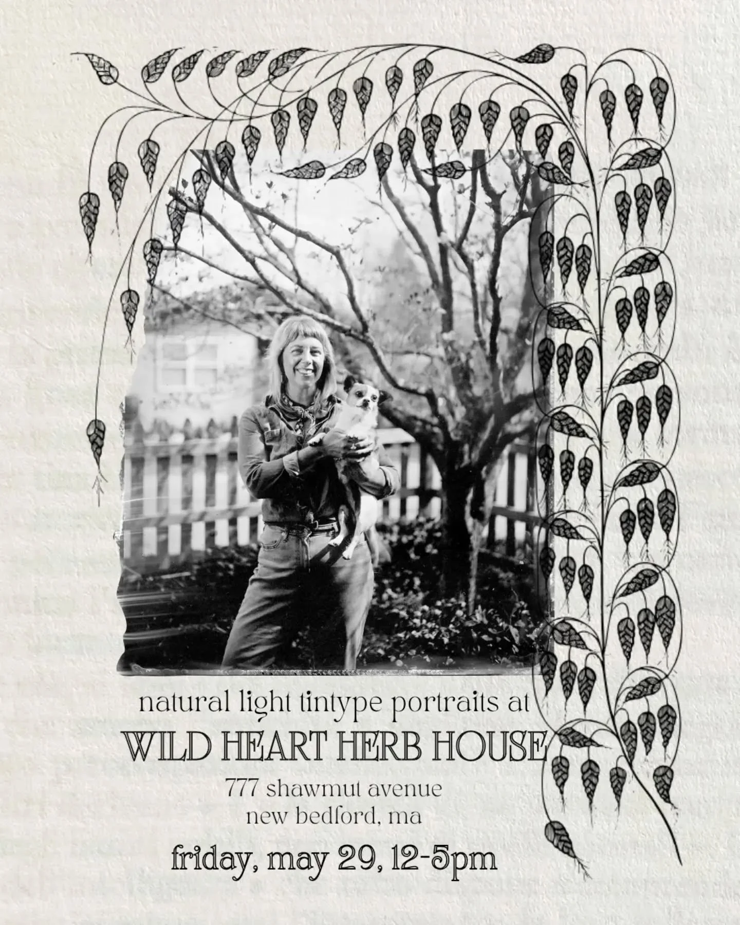 It's bound to be a beautiful May in MA! Join us Friday, May 29th from 12-5 to have your natural light tintype portrait taken at the cozy and serene @wild.heart.herb.house in New Bedford 🌿 I'm looking forward to immersing myself in the ivy and botani