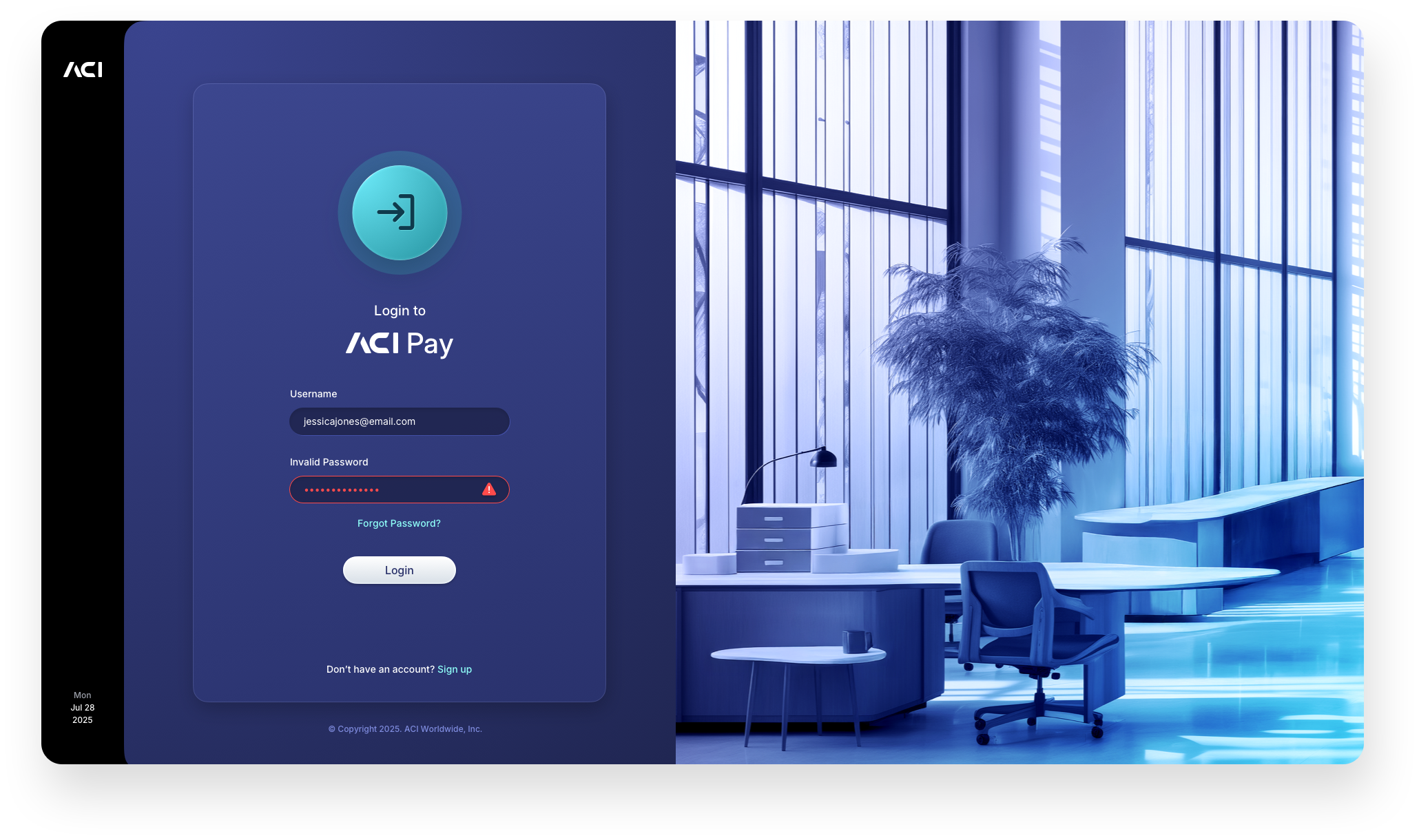 Fintech UI/UX Design - Login Screen - Invalid Password - Web App by The Skins Factory