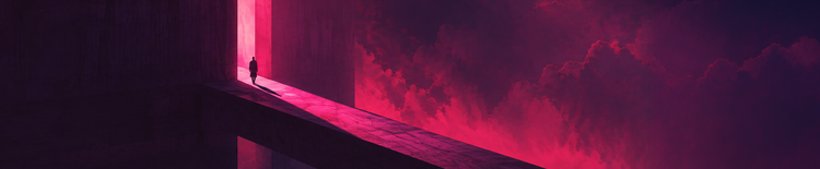 Magenta-lit passageway with a lone figure in a dark futuristic landscape