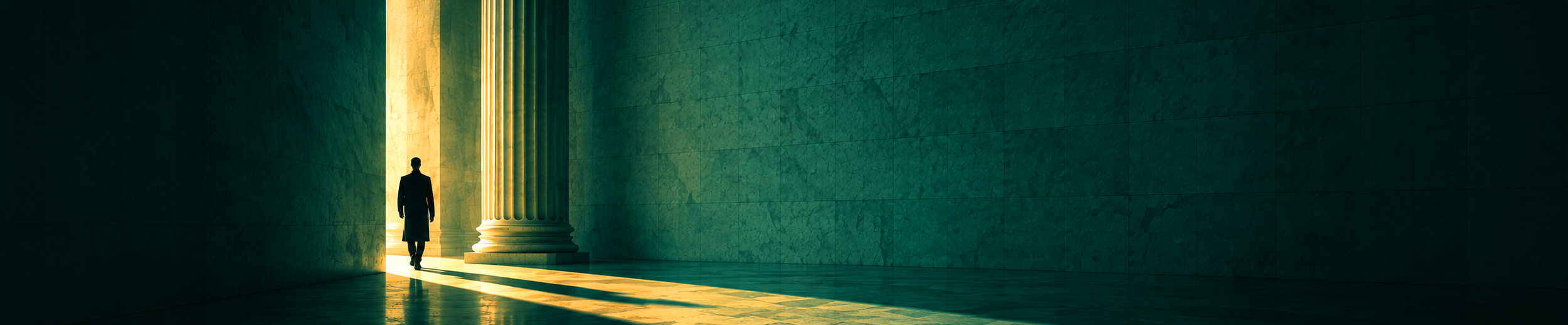 What should be included in a fintech UX audit? A silhouetted figure walks through monumental mint-green financial architecture with warm directional light