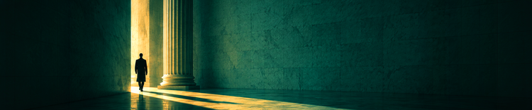 Figure entering sunlit green financial architecture framed by classical columns