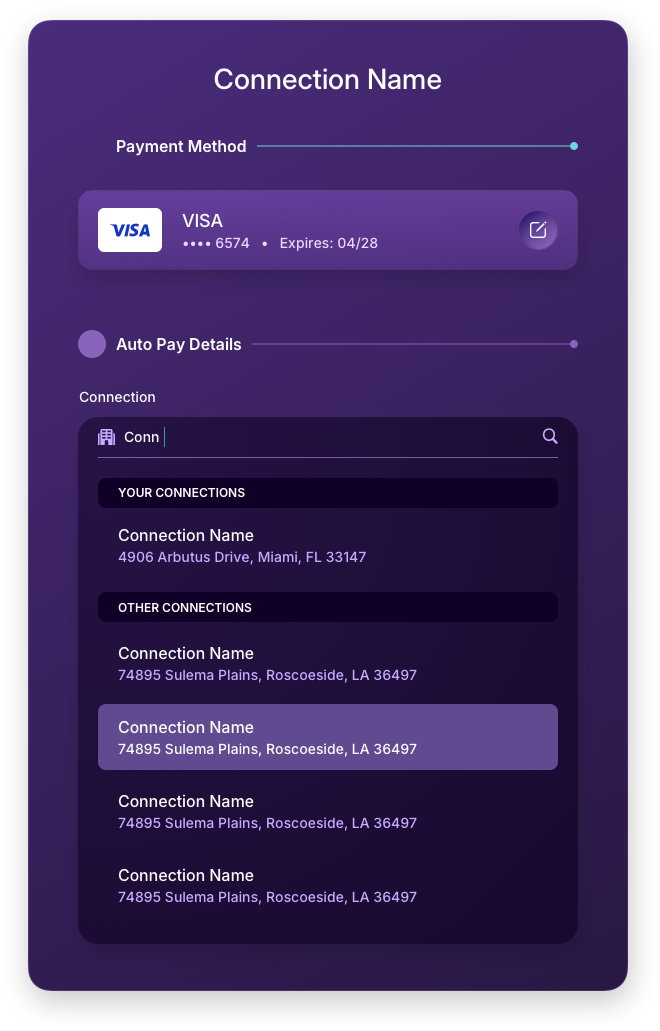 Fintech UI/UX Design - AutoPay - Add Connection Live Business Search Panel - Web App by The Skins Factory