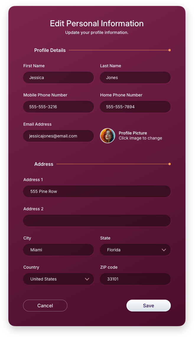 Fintech UI/UX Design - Profile - Edit Personal Information Panel - Web App by The Skins Factory