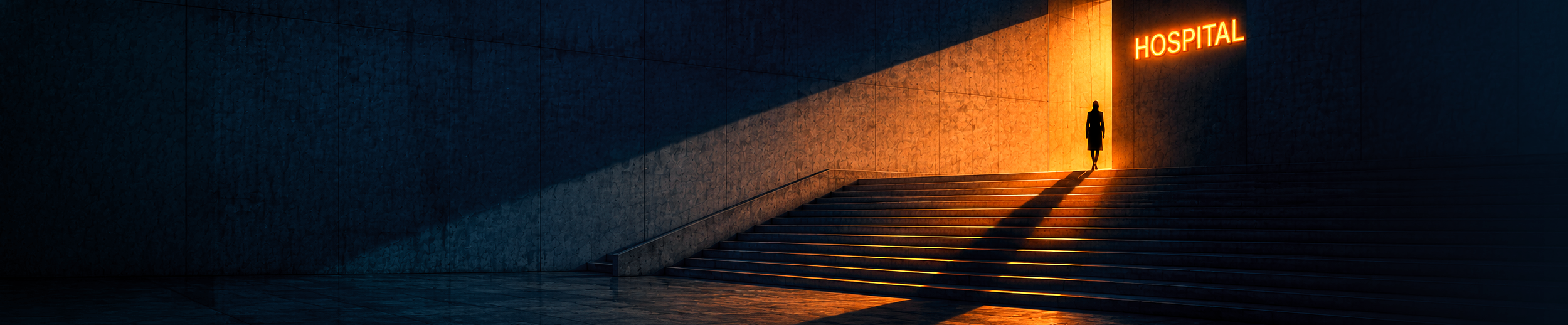 What makes patient onboarding difficult in healthcare apps? A shadowed figure stands outside a hospital entrance illuminated by warm orange light