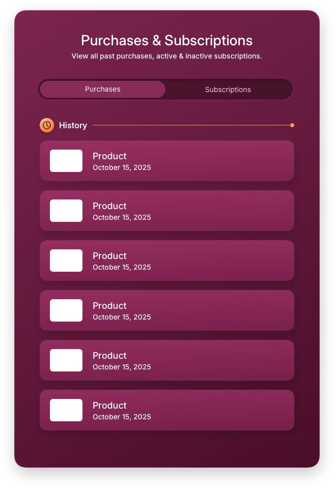 Fintech UI/UX Design - Profile - Purchases Panel - Web App by The Skins Factory