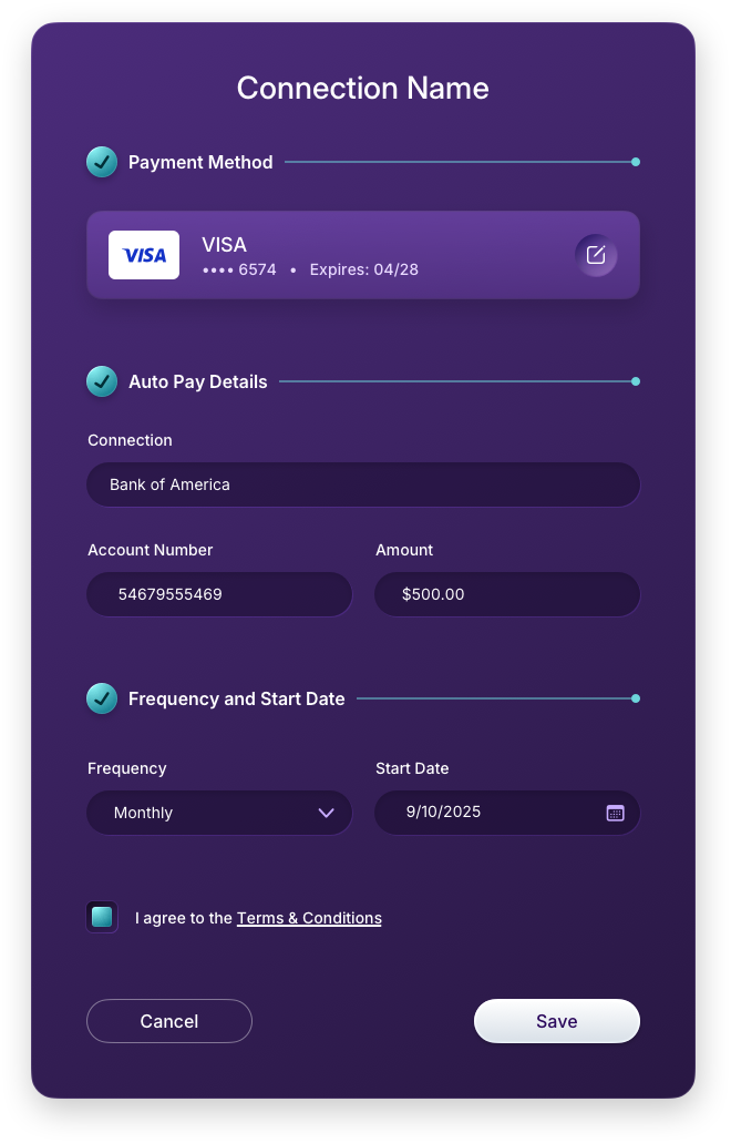 Fintech UI/UX Design - AutoPay - Add AutoPay Filled Out Form - Web App by The Skins Factory