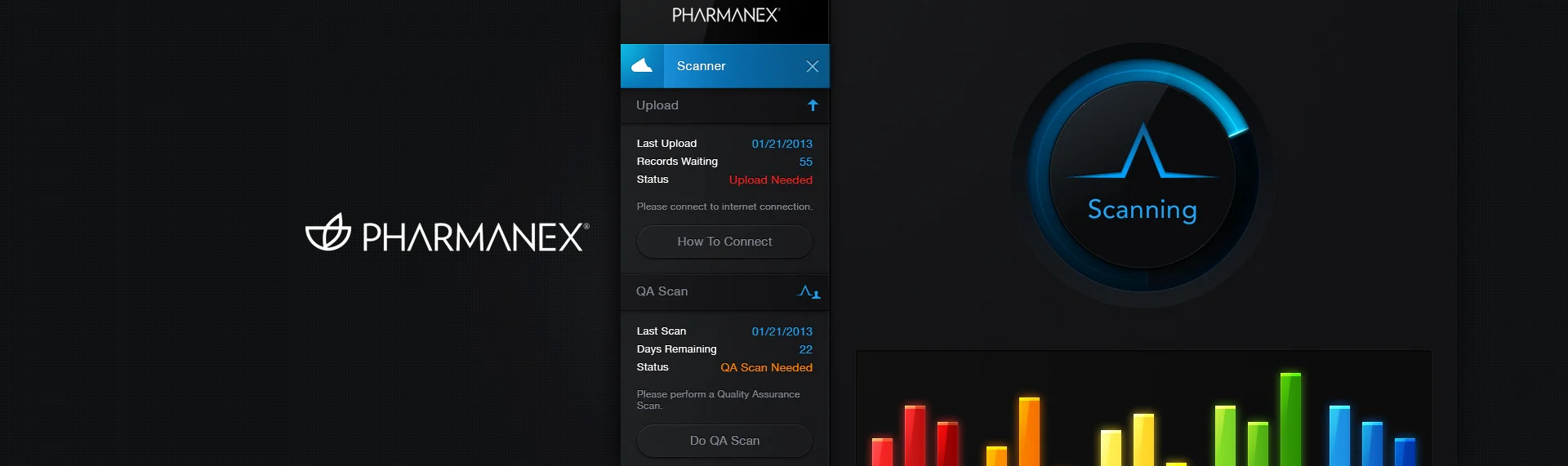 Pharmanex Biophotonic Scanner iPad Application UX & UI Design, Custom UI Kit Nu Skin's Pharmanex division approached The Skins Factory's design team to create an iPad Mini exclusive, iOS application for their biophotonic scanner. Taking design cues from the hardware's black display screen, our team designed an easy-to-use, touchscreen interface, utilizing a palette of vibrant, primary colors on top of a matte and glossy black application stage. The results are a forward-thinking, subtle and tactile design language that's at home with the latest design trends.