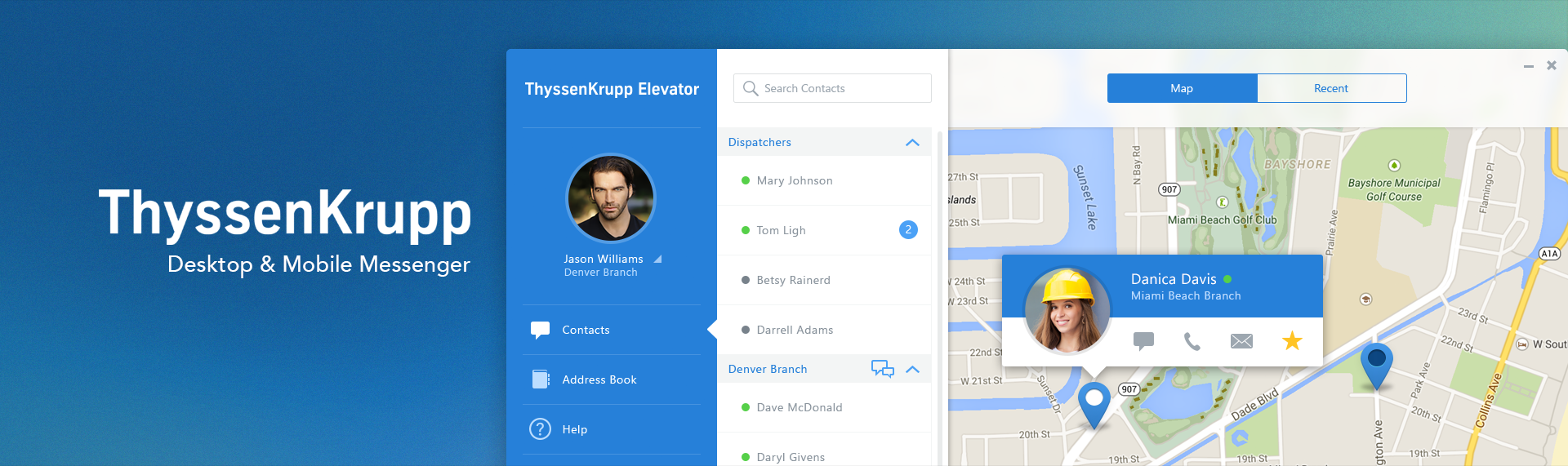 TKE Messenger App Desktop + iPhone Application UX & UI Design The Skins Factory designed TKE's Windows desktop & Apple iOS iPhone Messenger applications, to deliver unparalleled ease-of-use, packaged in a flat 2D, modern user interface design language. Utilizing a collapsible sidebar, to reclaim workspace, the app allows for instant communications in a single or group messaging environment, email or telephone. Dispatchers can find Field Service Agents using custom, location pins via the map.