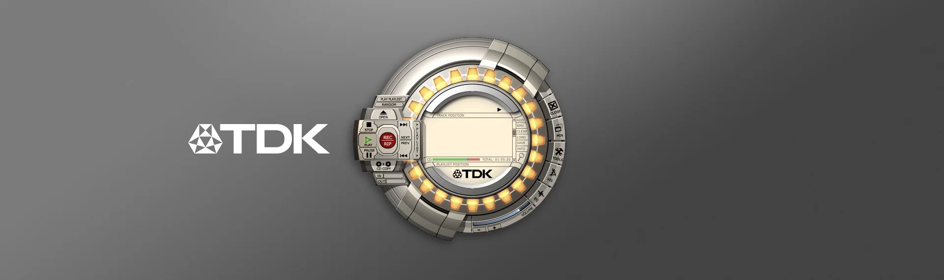 TDK Digital MixMaster Desktop Application UX & UI Design, Logo Design TDK Electronics Corporation came to The Skins Factory to build the default interface for their proprietary audio player. The TDK Digital MixMaster was part of the CD Blender Software Suite of applications that shipped with their veloCD reWriters. While this is a little bulky in terms of today's UI design language, in 2001, when we created this, it was cutting edge. This is proof positive that we were ahead of our time, even when our studio was only a year old. ZDNet called our UI design: "a spiffy, circular skin".