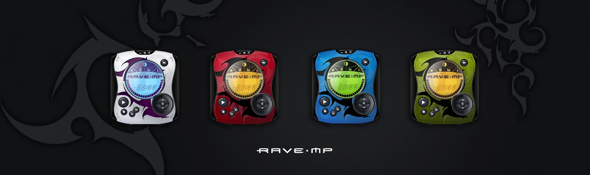 RAVE MP Client: Go Video Like its real world counterpart the RAVE-MP Windows Media Player skin is long on ergonomic design and ripe with intuitive construction. With 4 distinct color schemes, RAVE-MP is the new name in cool when it comes to player skins. Sporting sleek tribal patterns and colors that could only have been plucked from the slickest paint palette, we guarantee to make even the most square user - hip.