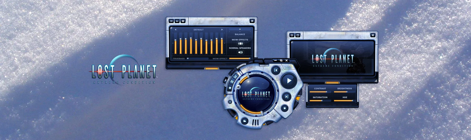 Lost Planet Client: Capcom Capcom and The Skins Factory delivered the sub-zero, hyper-cool Windows Media Player 10 skin for the hit video game, Lost Planet. This exciting Windows Media Player 10 skin includes features like dual shutters, a retractable button compartment, sound FX, animations, a searchable playlist and many exciting stills and information from the upcoming game release of -- Lost Planet.