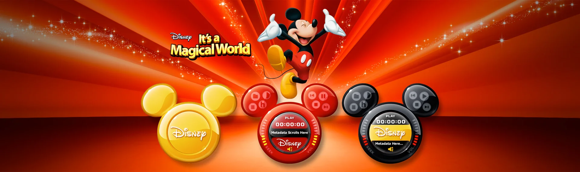 Disneys Its a Magical World Audio Remote Client: The Walt Disney Company As part of the Hyperdesk Disney It's a Magical World Windows desktop theme, the magical Mickey Mouse Audio Remote delighted users of all ages with its high-gloss style, seven vibrant colors and Mickey Mouse's iconic shape. The Mickey Mouse Yahoo! widget controlled Apple's iTunes and Microsoft's Windows Media Player as a remote control with a small desktop footprint.