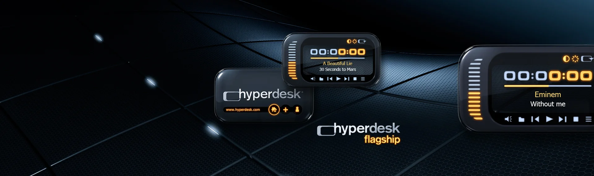 Hyperdesk Flagship Audio Remote Client: The Skins Factory The Hyperdesk Flagship Audio Remote for Apple's iTunes and Microsoft's Windows Media Player 11. Play your favorite iTunes and WMP 11 playlists with this animated, see-through Yahoo! Widget & then flip it over for quick links to Hyperdesk.com, Hyperdesk Support and check out the latest themes. Hyperdesk Flagship Audio Remote is perfect way to get introduced to our Hyperdesk Flagship Windows desktop theme for Windows XP, Vista or 7.