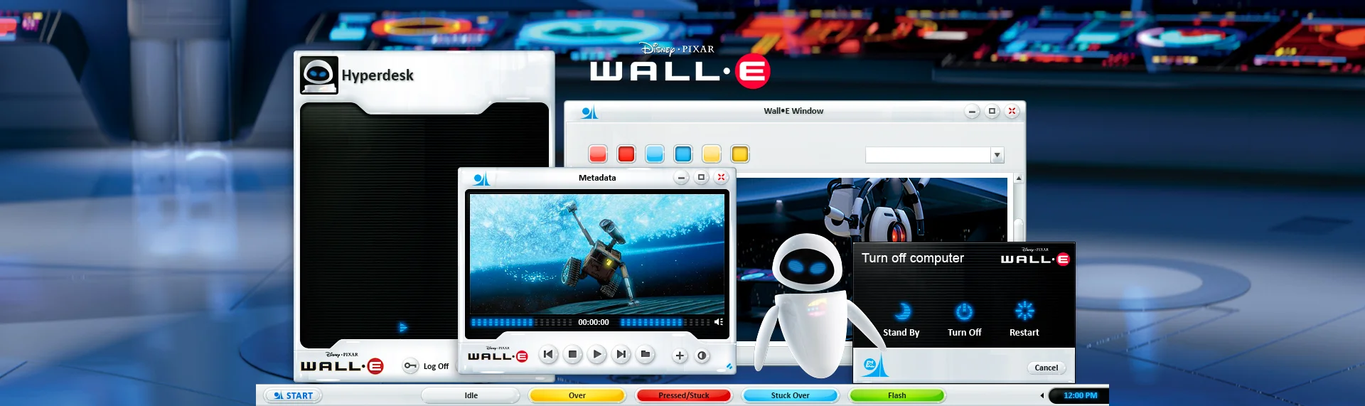 Disney Pixar’s EVE Client: Under License from The Walt Disney Company Introducing the official Pixar-approved EVE Windows desktop theme. Powered by The Skins Factory's Hyperdesk advanced Windows desktop theming solution, this desktop theme featured 2 themes based on EVE's high-gloss, white body and blue LEDs and includes over 50 stylized desktop icons, 18 wallpapers from the hit film, and a Windows Media Player skin. This Windows desktop theme is no longer available.