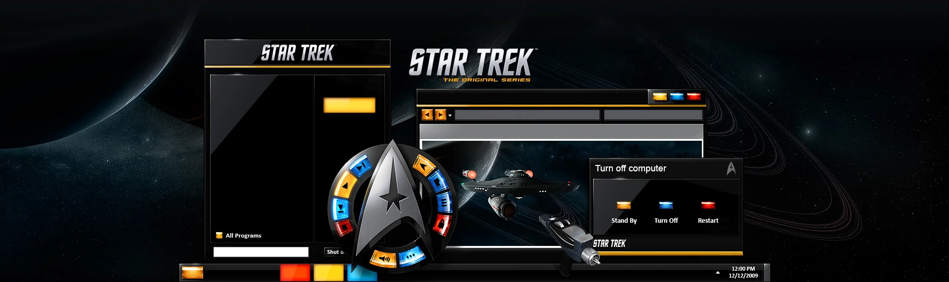 STAR TREK: The Original Series Client: Under License from CBS Consumer Products) Powered by The Skins Factory's advanced Windows desktop solution, Hyperdesk, STAR TREK: The Original Series is a Starfleet & Federation-approved set of 3 Windows 7 / XP / Vista desktop themes, that are every STAR TREK fan's dream. From the "beaming" in audio remote, StarFleet division-based themes, the incredibly cool STAR TREK icons, and custom wallpapers, you'll realize this was made by fans for fans. TM & 2009. CBS Studios Inc.