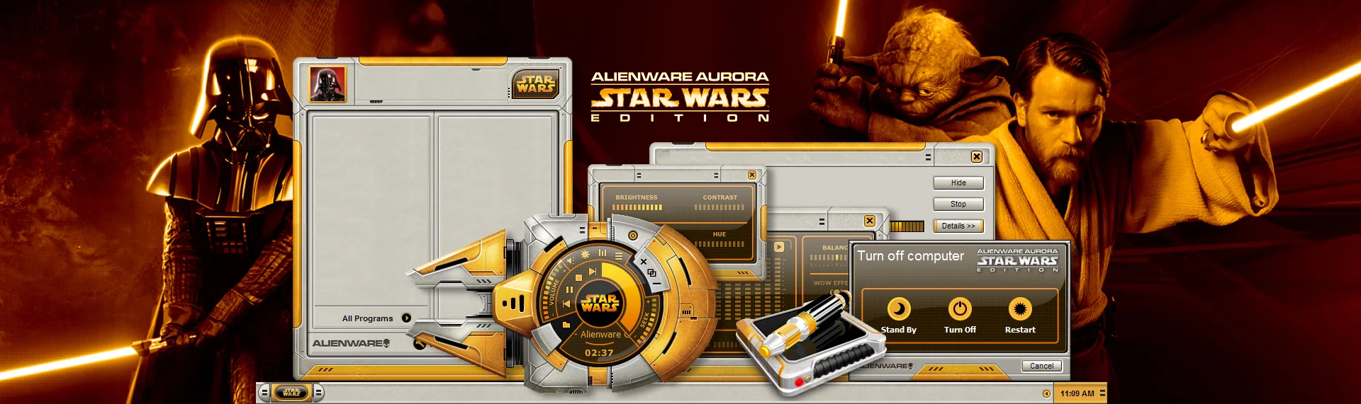 Alienware Aurora Star Wars Edition Client: Alienware Corporation The Skins Factory was contracted by Alienware Corporation to create an entire Windows desktop theme, based on the style of the Rebellion's ships. Available only when you purchased the Alienware Aurora Star Wars Edition computers. The suite Included a custom Windows Media Player skin, set of 35 Star Wars inspired icons, custom desktop and wallpapers designed around custom images created by Alienware's in-house design team.