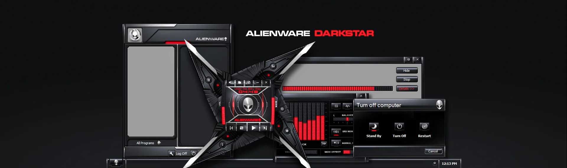 Alienware Darkstar Client: Alienware Corporation Alienware Darkstar features breathtaking design elements such as audio-enhanced startup and runtime animations, function-responsive LED arrays and highly tactile control surfaces. All of these features combine to create a stunning desktop design brilliantly captured in black and red and infused with traces of Alienwares distinctive style. This was The Skins Factory's first Alienware Windows desktop theme. We'd gone to design 6 more. Copyright. Alienware Corporation. All Rights Reserved.