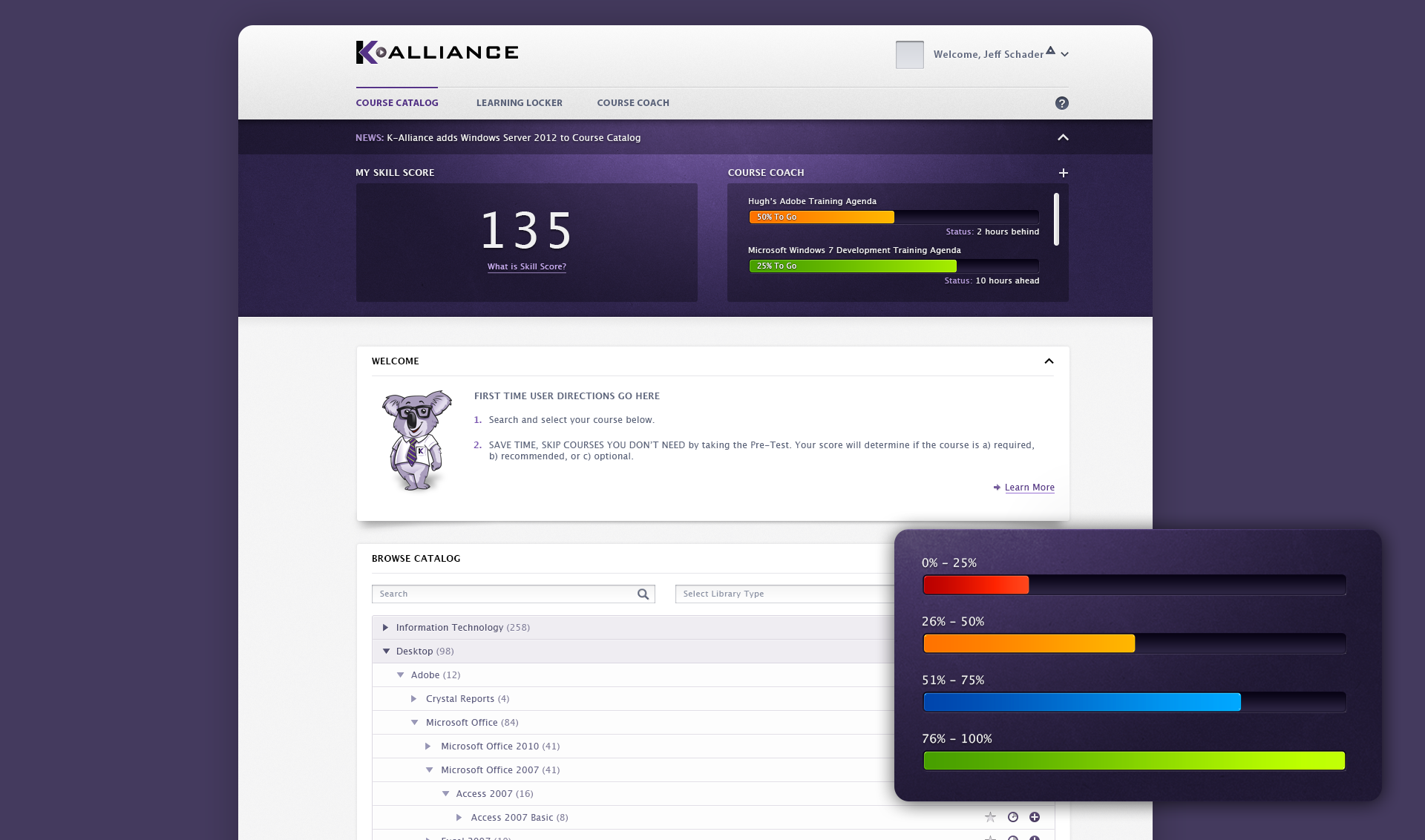 K-Alliance Landing Page Web Design K-Alliance, an enterprise and corporate elearning training company, contracted The Skins Factory to do a one-page prototype design for their main course catalog page. Using the color scheme of their well-known brand, our design team created a sleek, layout that delivered the information in a clean and concise way. Our team also focused on creating an intuitive, catalog tree-view language that wouldn't overwhelm the end-user and still deliver the information in an expedient way. Problem solved.