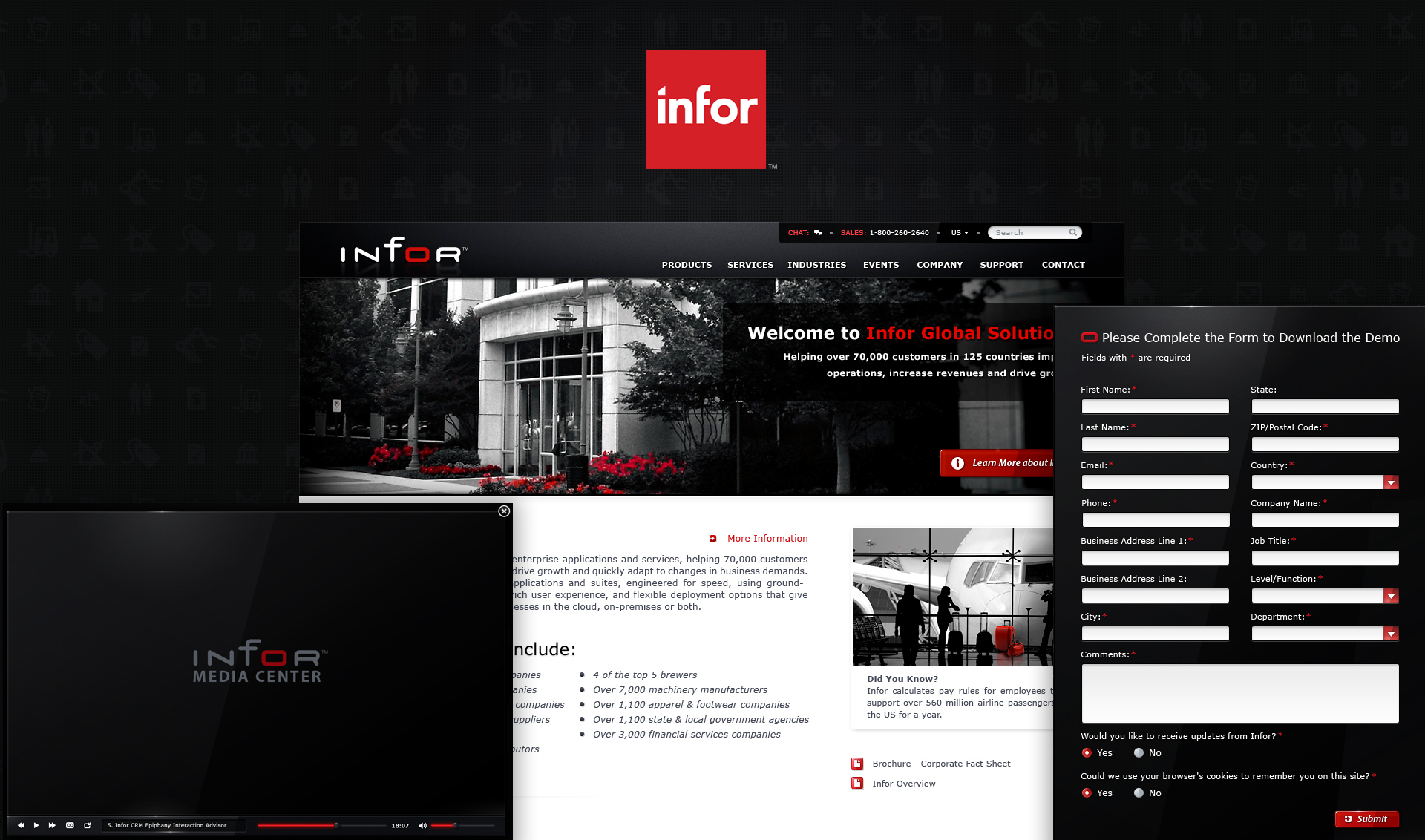 Infor.com Website Design The Skins Factory was given the task of completely overhauling the visual user experience & interaction design for the Infor.com website. By utilizing design cues we established in the user interface development of Infor's flagship suite of applications, Infor10, The Skins Factory was able to expand upon our forward-thinking design language to create a dynamic experience while maintaining visual consistency.