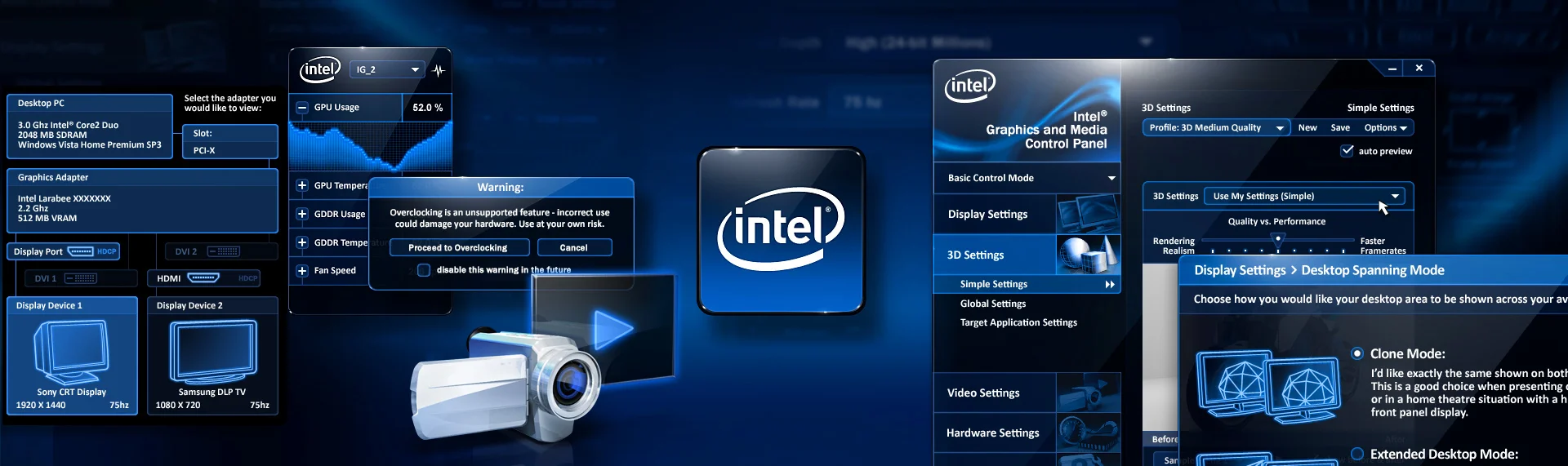 Intel Graphics & Media Control Panel Desktop Application UX & UI Design When Intel approached The Skins Factory to create the entire user experience for an upcoming consumer line, their prime directive was this - ignore what came before... re-imagine whats possible. So we did. The Skins Factory worked hand-in-hand with Intels engineering teams to design an experience unlike anything that had come before. Through a creative mix of animation and contact-driven behaviors, The Skins Factory was able to completely rethink the way a control panel should work.