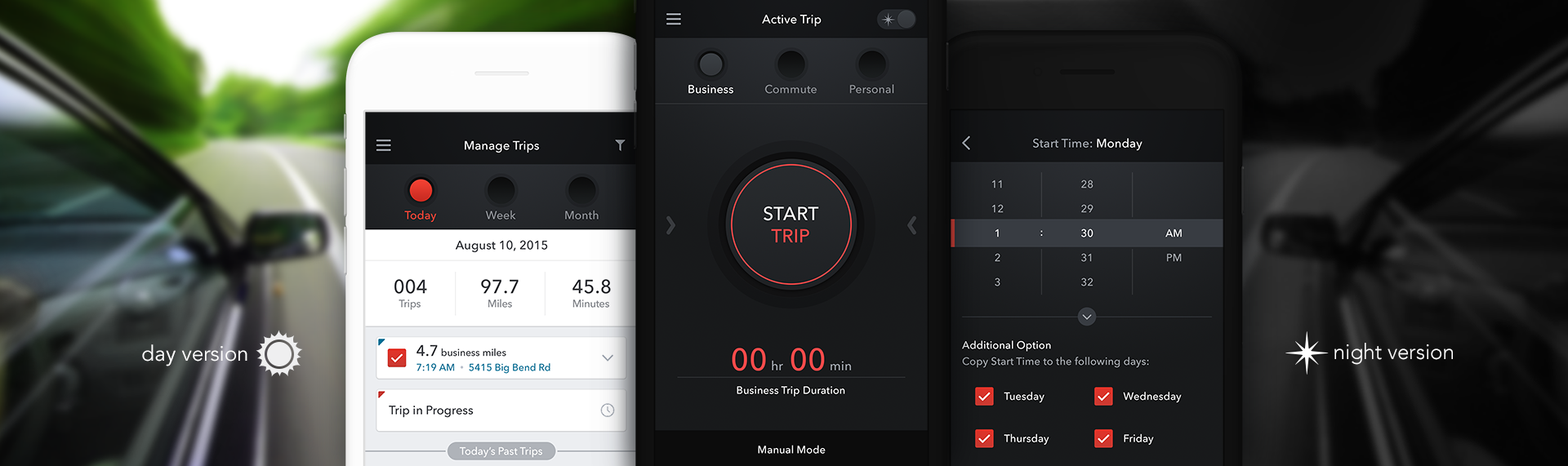 Mobile Mileage Tracking iPhone Application UX & UI Design The Skins Factory designed everything from the manual / automatic trip capture screens to the dashboard, scheduling, navigation, trip manager, scanner, report submissions, locations, logins and more. Our team came up with the idea to include a version for day + night use and even implemented a version for those users who are color blind. Pulse effects were deployed as a visual cue, so drivers could focus more on the road and less on the app while driving.We were designing “dark mode” before it became fashionable.