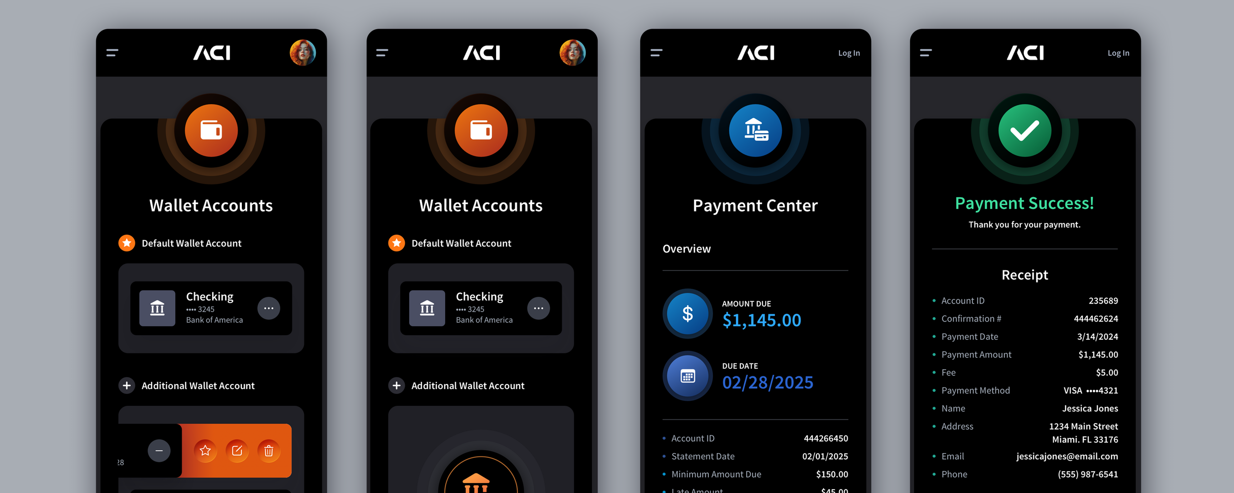 ACI Biller dark-mode mobile payment portal interface designs by The Skins Factory
