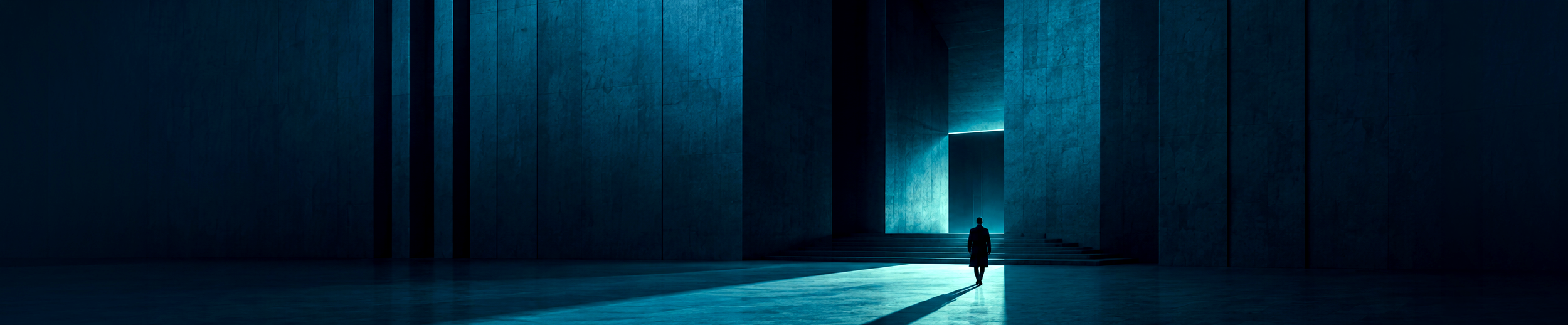 Enterprise design system and product redesign represented by a lone figure approaching illuminated monumental architecture