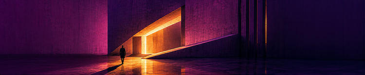 Magenta and orange architectural scene with a lone figure approaching an illuminated angular entrance