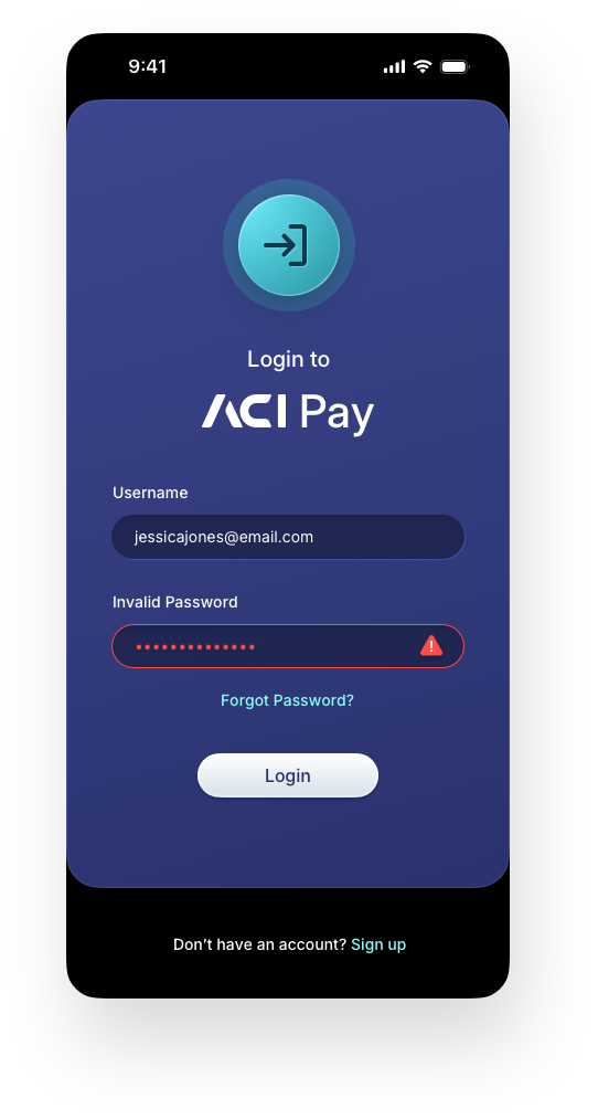 Fintech Mobile UI/UX Design - Login Invalid Password Error Screen - Mobile Web App by The Skins Factory