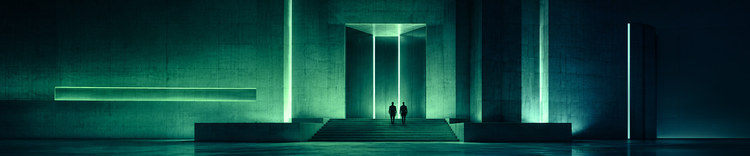Two figures standing on broad steps in front of a tall glowing green entrance