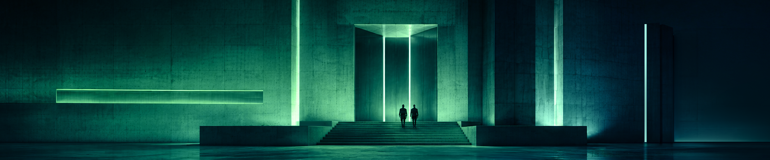 Two silhouetted people approaching a luminous green brutalist doorway, representing shared input and clear ownership of UX decisions on a software project