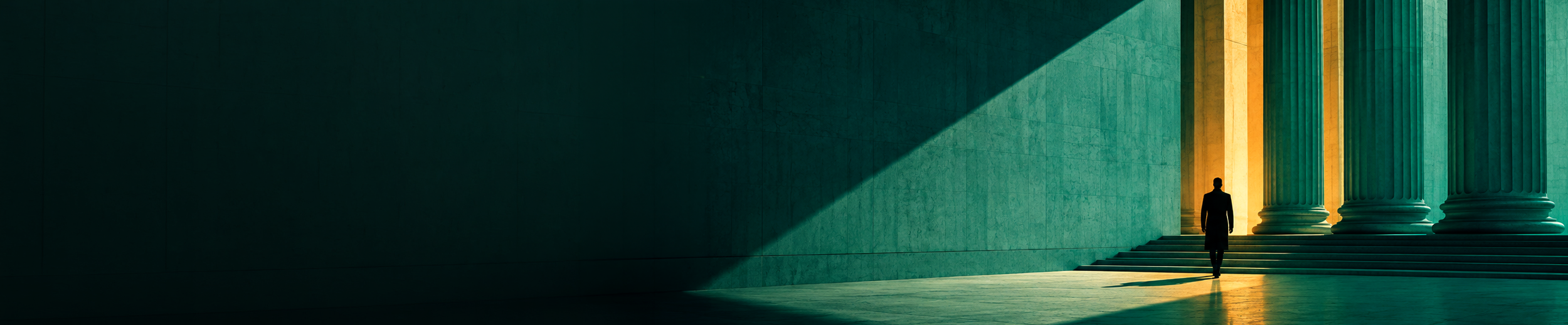 When should a bank modernize legacy financial software? A solitary figure approaches a monumental banking entrance illuminated by mint green and warm gold light