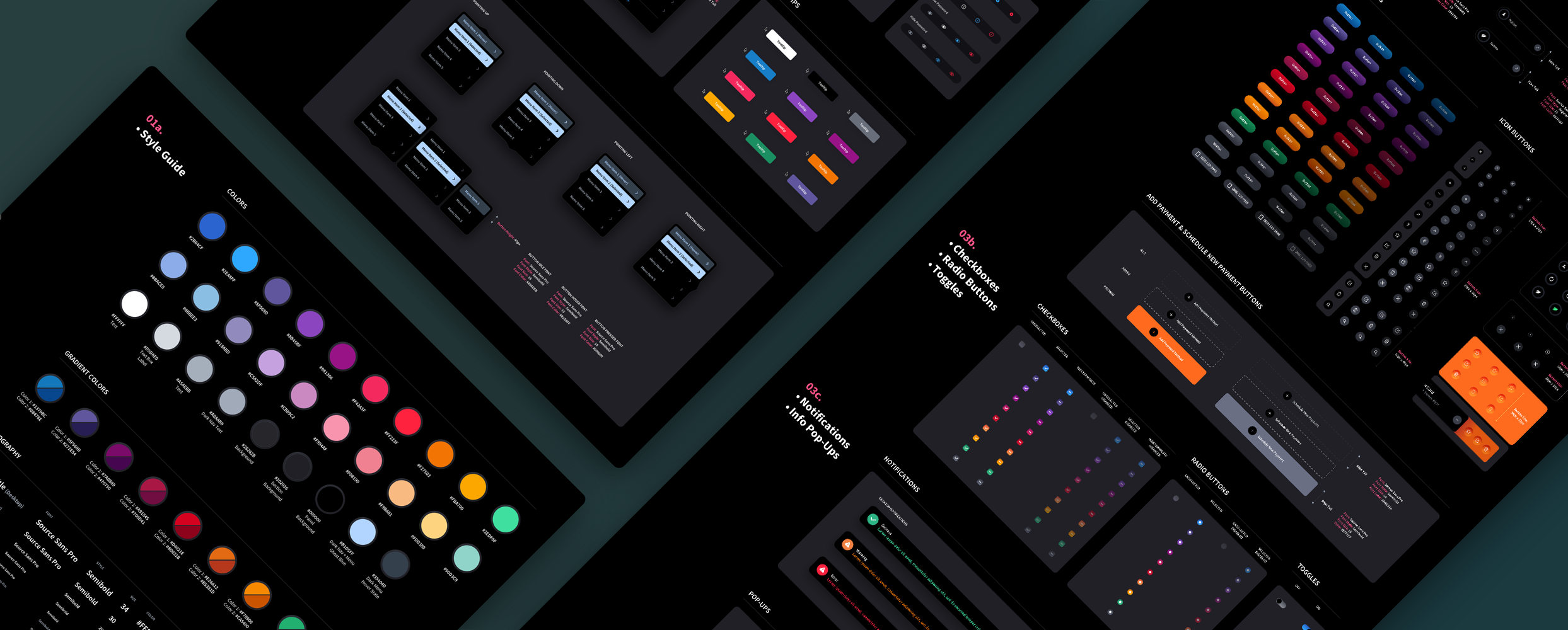 Product design system showing reusable interface components, typography, colors, controls, and interaction patterns designed by The Skins Factory