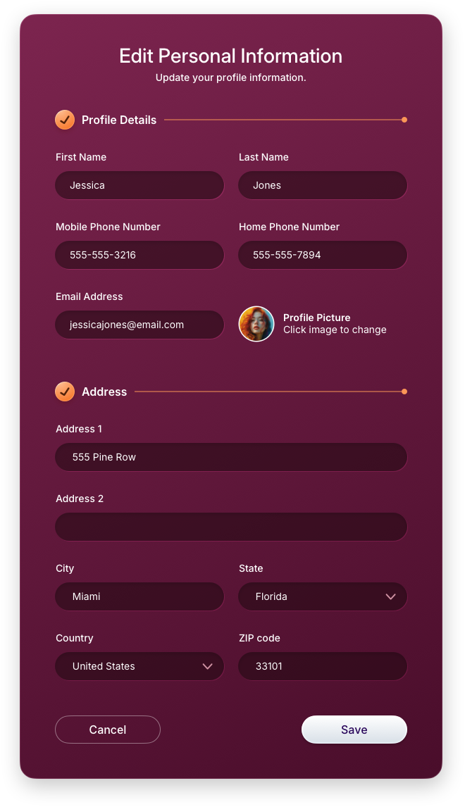Fintech UI/UX Design - Profile - Edit Personal Information Panel - Web App by The Skins Factory
